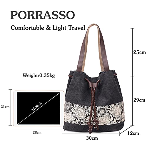 Image of Women Shoulder Bag Canvas Tote Bag Retro Drawstring Bucket Bag Ladies