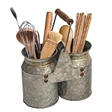 UPPER DECOR Set of 2 Rustic Galvanized Utensil Holders with Handles, Farmhouse Kitchen Crocks for Spoons, Forks & Knives, Countertop Organizer Buckets for Rustic Farmhouse Decor, 8'x4'x6.75'