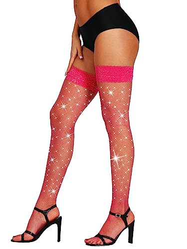 Image of SUREPOCH Sparkly Rhinestone Fishnet Thigh High Stockings for Women Silicone Lace Top