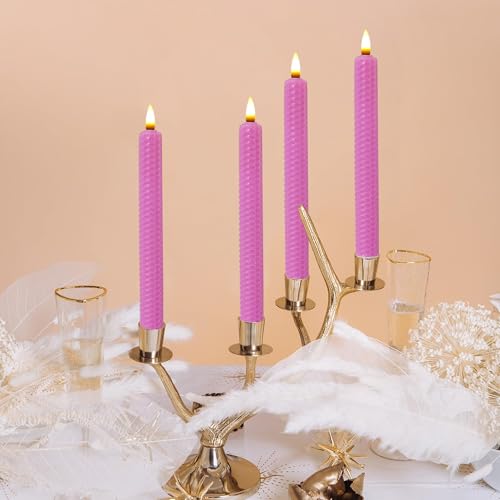 Image of Beeswax Honeycomb Flameless LED Taper Candles, 9.5 Inch Flickering Wax Candles with Remote & Timer, Pink Battery Operated Dripless Tapered Candle for Home Wedding Decor, 4 Pack
