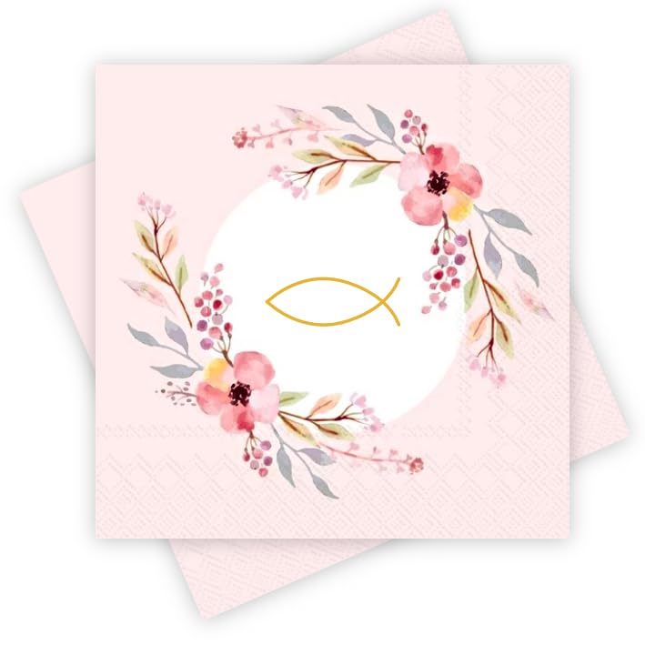Paper+Design 20 Servietten Kommunion Rosa mit Blumen & Symbol Fisch in Gold- Christliche Tischdeko Mädchen Deko Taufe Konfirmation