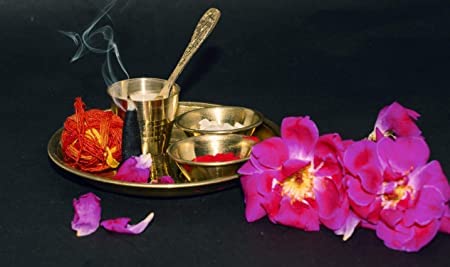 Image of KYNA 5 in 1 Pack Traditionally Designed Pooja Bhog Thali Set for Home and Temple Use (1 Thali, 1 Spoon, 1 Glass and 2 Katori)