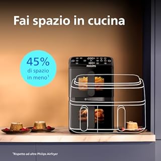 Philips Airfryer Serie 4000, Friggitrice ad Aria Doppio cestello Verticale da 10L, Tecnologia RapidAir, Funzione Sync, Rivestimento in ceramica no PFAS, Finestre, 45% più piccola (NA460/00)