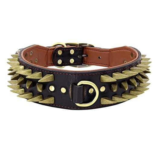 PET ARTIST Leather Spiked Dog Collar,Heavy Metal Buckle 3-Row Studded Dog Collar,2 Inch Width Fit Pitbull,Medium & Large Dogs,Black，L