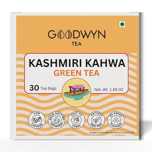 Goodwyn Kashmiri Kahwa Green Tea, 30 Tea Bags | Saffron, Almonds & Spices | Natural Low Caffeine Herbal Blend | Plastic Free Bags