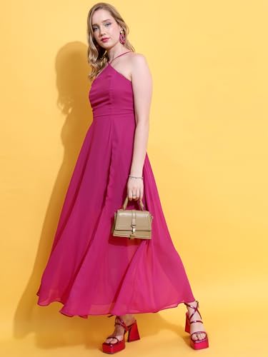Image of Tokyo Talkies Women's Halter Neck Flowy Maxi Dress | Cinched Waist | Elegant & Airy Silhouette for a Breezy, Effortless Look