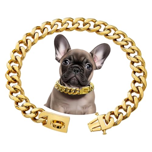 Kettenhalsband Hund, Goldenes Hundehalsband Kette Mit Metallkette, 15mm Breite Cuban Dog Collar, Rostfreier Stahl Halskette Hund mit Schnalle Für Kleine Mittlere Und Große Hunde (45cm)