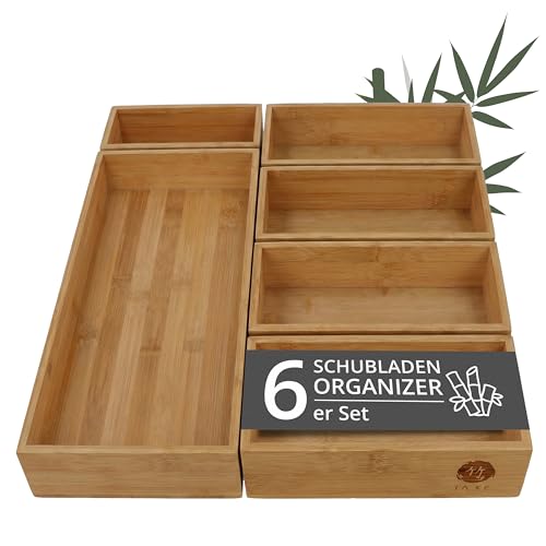 TAKE® 6-teiliges Schubladen Organizer aus 100% Natur Bambus - Boxen in vers. Größen für Rollcontainer, Bad & Büro, Schminktisch Organizer Bad, Drawer Organizer