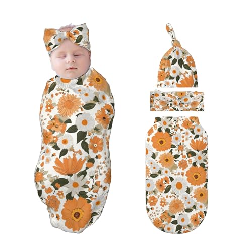 Figtihw Flower Swaddle Blankets Newborn Receiving Blanket Baby Swaddle Wrap with Headband Hat Set for Baby Girls Boys