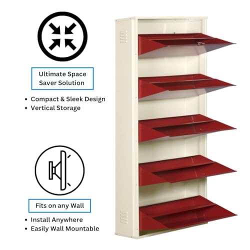Image of DELITE KOM 29 inch Wide, 10 Shelf Metal Shoe Rack Wall Mounted for Home with Central Lock Holds Upto 36 Shoes or 60 Slippers Pair Double Decker, 1Yr Warranty, (67x29x8, Ivory Brick Red), DIY, Space Saver