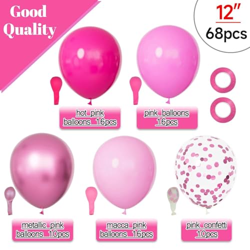 Image of 68Pcs Pink Balloons Kit 12 Inch Metallic Pink Balloon, Pink Confetti Balloon and Baby Pink Party Balloons with Ribbons for Birthday, Wedding, Baby Shower, Graduation Decorations.
