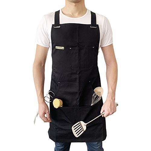 HAZBEN Apron for Men and Women with Tool Pockets, Chef Apron for Kitchen BBQ Grill Black Towel Loop, Woodworking Apron for Welding Grilling Metalwork, Quick Release Buckle, Adjustable M to XXL