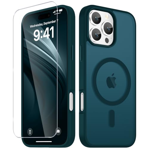 Image of YENAPOON for iPhone 16 Pro Max Case, Matte Magnetic Phone Cover [with 1 Screen Protector] [Support for MagSafe] [Shockproof Military Grade Protection] Translucent Frosted Back, Blue