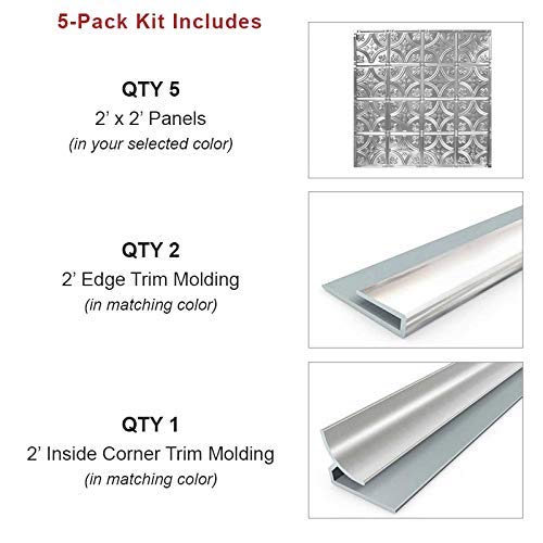 Genuine Tin Ceiling & Backsplash Tiles Kit – 5-Pack With Trim In Brushed Nickel | Made In USA | Fire Resistant