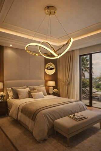 Image of Premium Infinity Loop LED Stylish Gold Finish with 3 Different Color Mode (Warm White, Cool White, Neutral White) Chandelier with Height Adjustable Hanging