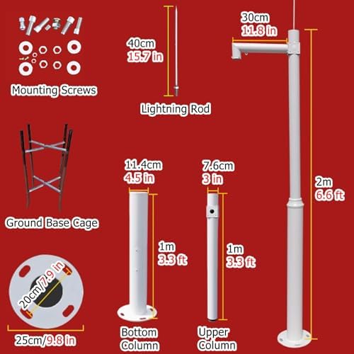 Adjustable White Security Camera Mount Pole Bracket - 6.6 to 19.7 FT Durable Surveillance Post with 15.7in Lightning Rod for Enhanced Outdoor Camera Stability