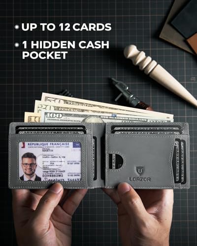 Image of LORZOR Mens Wallet with AirTag Holder, Bifold Full Grain Leather RFID Blocking AirTag Wallet with ID Window Gifts for Men, Dad, Husband, up to 12 Cards