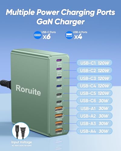 Image of 1000W USB C Charging Station, 120W PD GaN5 Super Fast USB C Charger Block-10 Port, Type C for PC Laptop MacBook Pro /Air Charger Compatible with iPhone 17 16 15 14 13 12 Pro Max, iPad, Galaxy