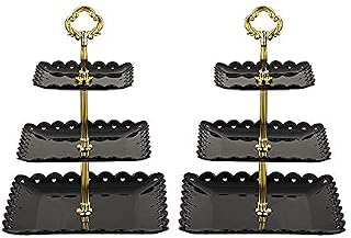 Black Square Plate 3 Tiered Serving Stand Tray Cake Stands Cupcake Holder Dessert Stand Table Decorations for Party Kids Birthday Tea Party Baby Shower Set of 2
