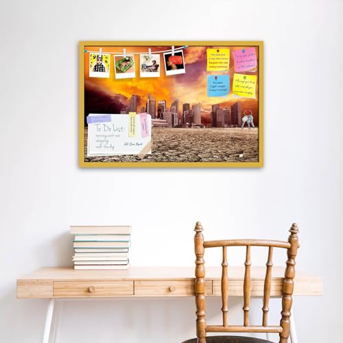 Image of ArtzFolio City Overlooking Desolate Desert | Bulletin Board Notice Pin Board | Vision Soft Board Combo with Thumb Push Pins & Sticky Notes | Golden Frame | 30 x 20 inch (76 x 51 cms)