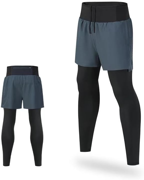 Men’S 2-in-1 Compression Running Pants with Pocket,High Stretch Workout Leggings with Outer Shorts for Gym Training