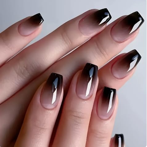26PCS Press Ons Nails Almond, Press on Nails Almond Shape, Medium Length French Nails Kit with Nail File, Black Gradient Artificial Nails for Party Prom Date Events-image-44