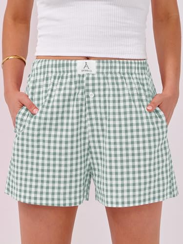 Image of ANRABESS Boxer Shorts for Women Gingham Pajama 2026 Summer Casual Lounge Sleep Plaid Shorts Y2K Beach Bottoms