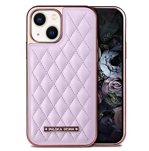 Image of PULOKA iPhone 14 Plus Vegan Leather Back Cover Royal Diamond Pattern with Electroplated Case Compatible for Apple iPhone 14 Plus 6.7 inchinch - Purple