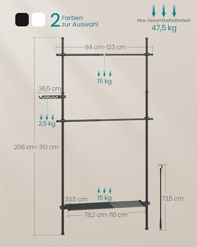 SONGMICS Teleskopstange Kleiderständer, 3-stufige Garderobe, höhen- und breitenverstellbar, offener Kleiderschrank mit 2 Kleiderstangen und Abnehmbarer Ablage, Greifarm, Mattschwarz HSR136B01