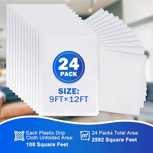 24 Pack 12 x 9 ft 0.4 MIL Large Painter’s Plastic Drop Cloth Painting Sheet-Light & Durable Dust Cover-Clear Plastic Sheet-Plastic Sheeting-Plastic Cover-Paint Drop Cloth- Plastic Floor Protector