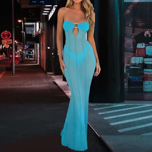 Image of Sexy Sheer Mesh Dresses for Women See Through Maxi Dress Strapless Tube Top Night Party