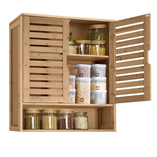 DRDINGRUI Bamboo Wall Cabinet, Medicine Cabinet Over The Toilet, Wall Mounted Storage Medicine Cabinet with Two Doors & Adjustable Shelves, for Bathroom, Kitchen, Living Room, Walnut