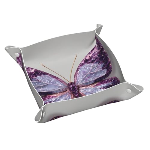 Llkgot Bandeja de almacenamiento de cuero con estampado de mariposas con purpurina morada, bandeja de cuero de doble cara de PVC de calidad media para un almacenamiento y organización cómodos