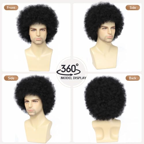Image of Adequate Men & Women Black Afro Curly Wig Costume Set, 70s 80s Disco Rocker Party Kit with Sunglasses & Wig Cap, Heat Resistant Cosplay Wig for Halloween