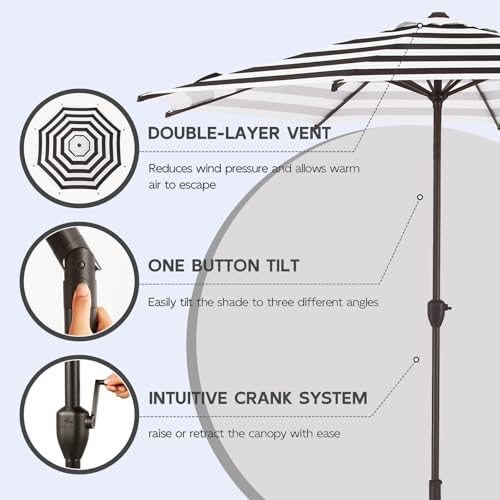 Image of Abba Patio 9FT Lyon Outdoor Patio Umbrella Outdoor Table Umbrella with Crank Market Umbrella 8 Sturdy Ribs UV Protection Waterproof and Push Button Tilt for Garden Deck Backyard Pool,Black & White Stripe