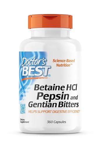 Doctor's Best, Betaine HCI avec Pepsine et Gentiane Amère, 650 mg, 360 Capsules molles, Hautement Dosé, Testé en Laboratoire, Sans Soja, Sans Gluten, Non-GMO Cover