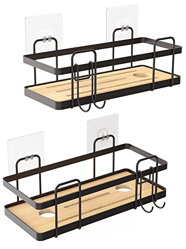 Keebofly Shower Caddy Bathroom Shower Organizer Shelf With Hooks,2 Pack,Shower Rack Self Adhesive Hanging,Rustproof Bamboo Basket,No Drilling Shower Storage Holder For Bathroom Shower Kitchen Black #TOP10