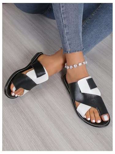 GORGLITTER Women's Color Block Toe Ring Flats Criss Cross Two Tone Open Toe Slide Sandals3