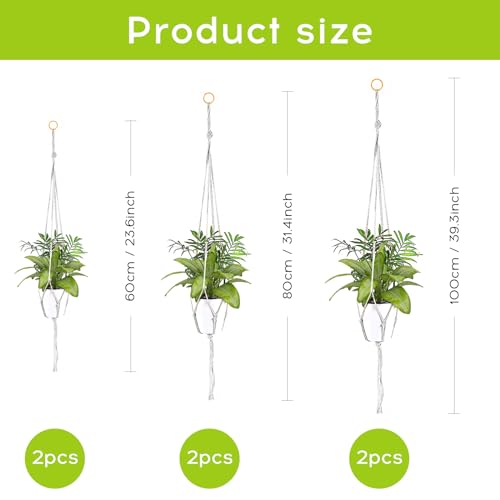 MJFENDAI Macramé plantenhangers, 6-delige set, vintage decoratieve plantenhangers, katoenen touw voor binnen en buiten, plafonds, balkons, wanddecoratie, 60 cm, 80 cm, 100 cm - Afbeelding 3