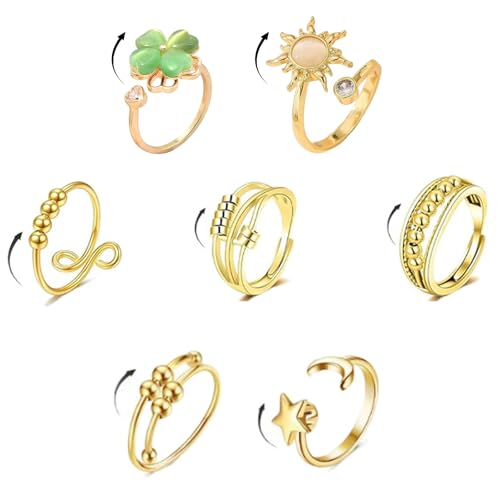 ZXTGBQ 7PCS Ansiedad Anillos Giratorios, Anillo Antiestres Ansiedad Ajustables Acero Inoxidable Con TréBol De Cuatro Hojas, Spinner Anxiety Ring Antiestrés Anillos, Regalo para Novia Madre