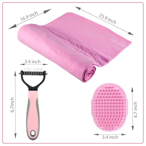 Image of Cat Brush Towel 3pcs Grooming Kit - Bath Brush for Long-Haired Cats, Cat Brush for Indoor Cats with Flea Comb, Pink