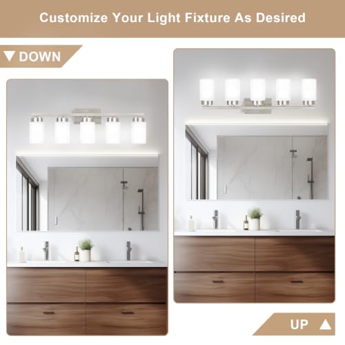 Image of IZORRO Bathroom Light Fixtures, Modern Vanity Lights, Bathroom Lighting Fixtures Over Mirror with Milky White Shade, Wall Sconce for Living Room Cabinet Bedroom (Brushed Nickel, 5-Light)