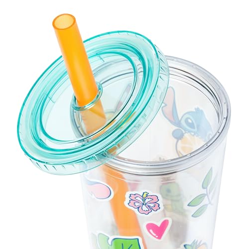 Image of Silver Buffalo Disney Lilo and Stitch Cute Decals Featuring Scrump Plastic Boba Tumbler with Lid and Straw, 24 Ounces