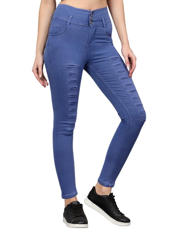 Image of Women s Three Button Plan Design Blue Skinny Fit High Rise Full Length Clean Look Denim Stretchable Jeans