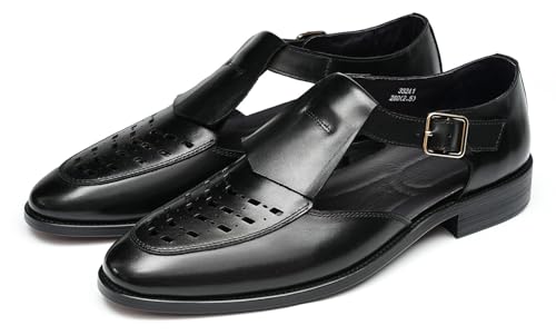 Santimon Mens Sandals Leather Dress Shoes for Men Business Casual Fashion Comfortbale Breathable Closed-Toe Buckle Summer Shoes Black 10 US