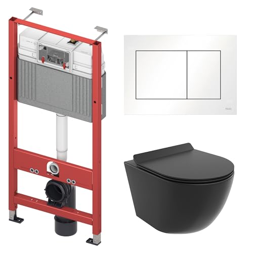 BADLAND WC-Vorwandelement Set TECEbase mit Wand-WC Rolo Schwarz, Schallschutzmatte & Betätigungsplatte Weiß – Komplettset für Trockenbau & Vorwandinstallation