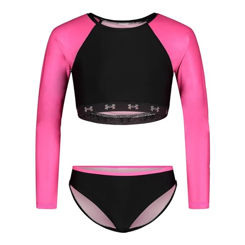 Image of Under Armour Girl's Short Sleeve Rashguard Surf Shirt and Swim Bottoms Set, UPF 50+ Sun Protection, Quick-Dry Bathing Suit