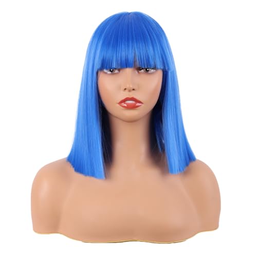 MapofBeauty 12 Inch/30 cm Straight Bob Flat Bangs Short Colorful Synthetic Hair Cosplay Party Wig (Bright Blue)