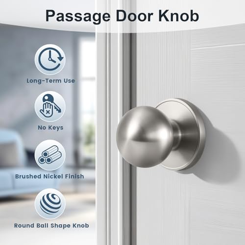 KNOBWELL Brushed Nickel Closet Door Knob, Interior Door Knobs with Round Ball Knob for Passage, Hallway Doors, Keyless Non-Locking Indoor Door Handle, 4 Pack by KNOBWELL - Image 2