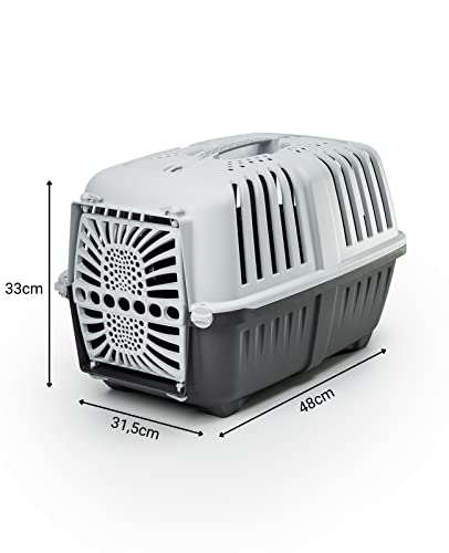 lionto Hundetransportbox aus robustem recyceltem Kunststoff, 48x31,5x33 cm, Transportbox mit praktischem Schließsystem & Tragegriff, auch geeignet für Katzen & Kleintiere, für Haustiere bis 15kg grau